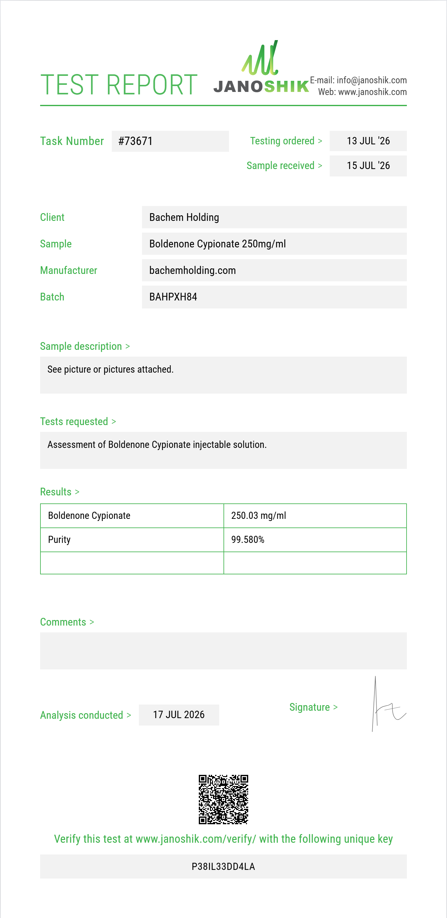 Boldenone Cypionate Purity (HPLC) report by Janoshik Analytical