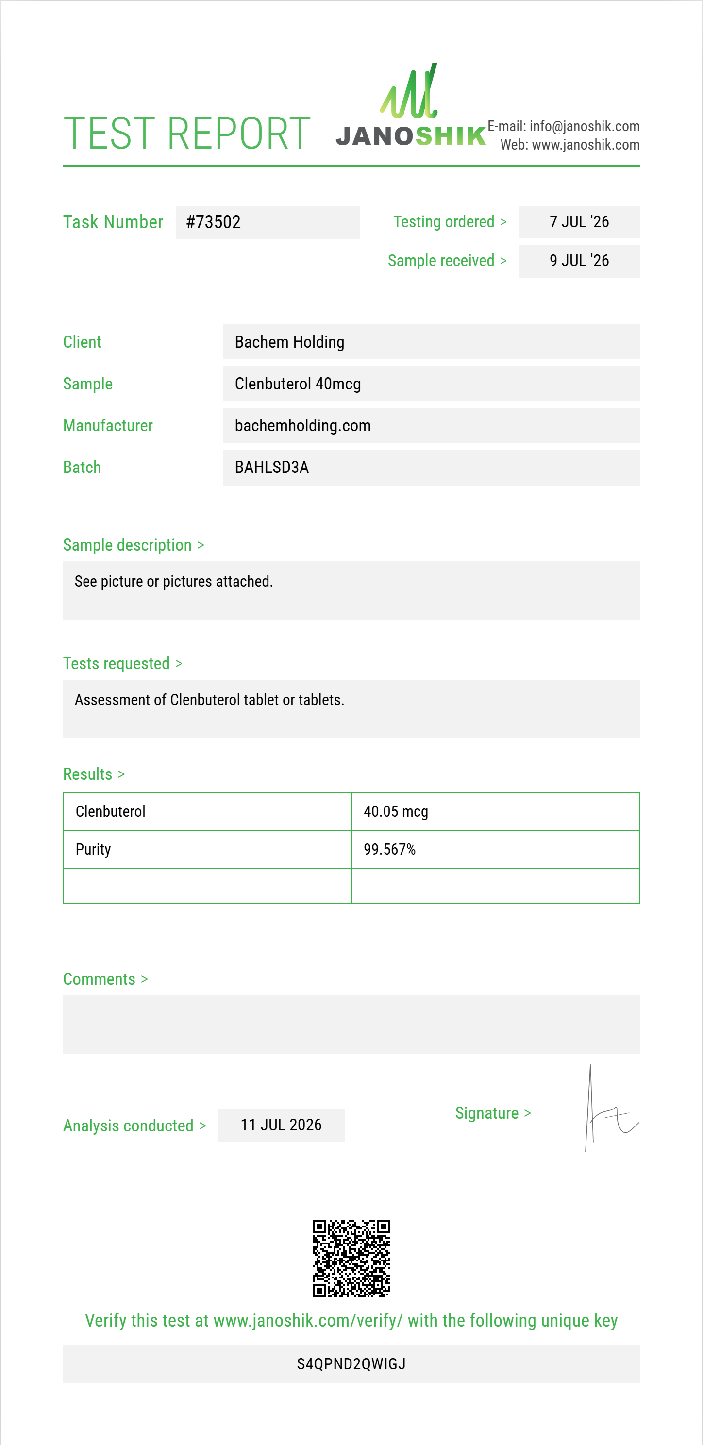 Clenbuterol Purity (HPLC) report by Janoshik Analytical
