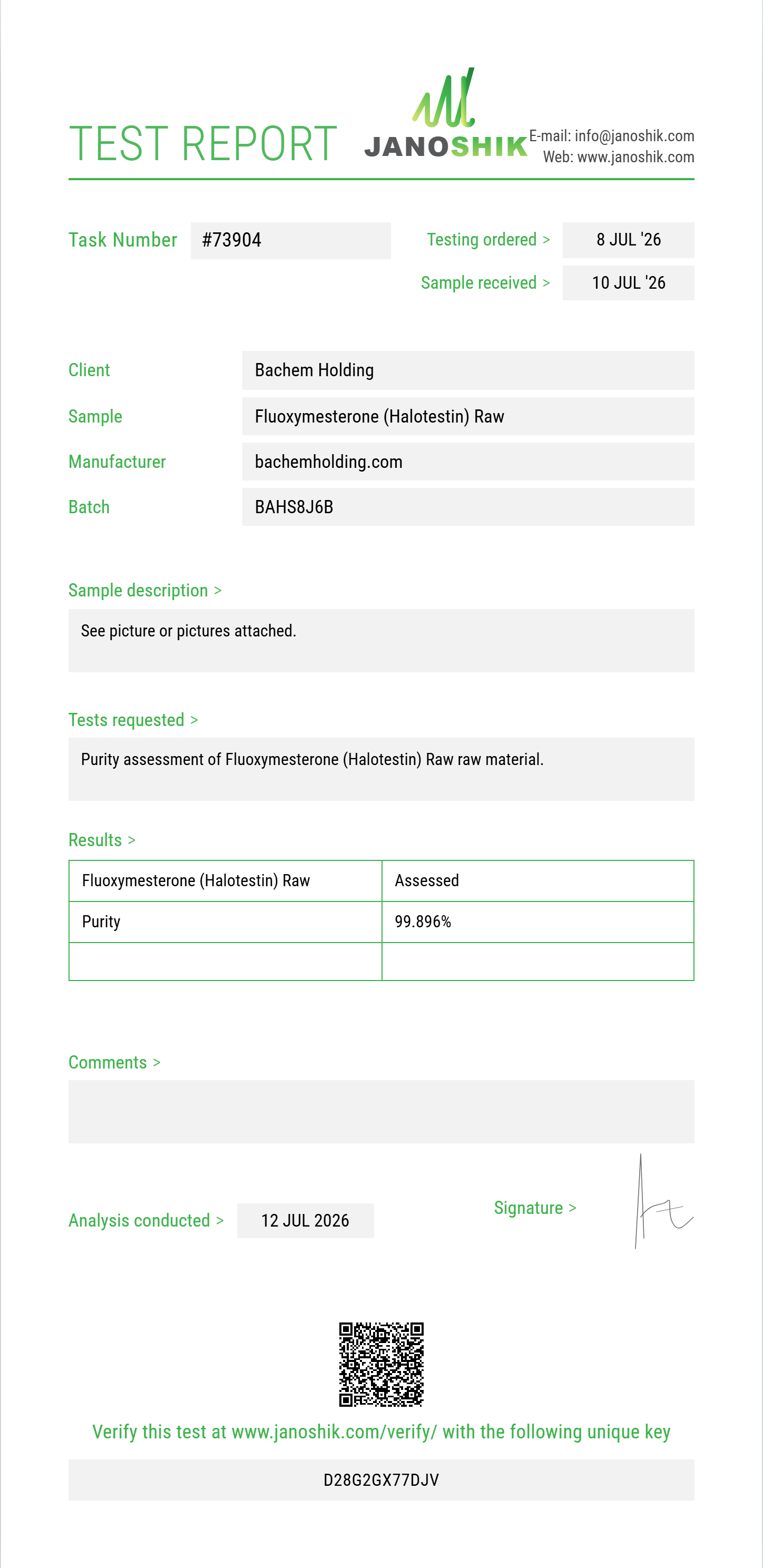 Fluoxymesterone (Halotestin) Raw Purity (HPLC) report by Janoshik Analytical